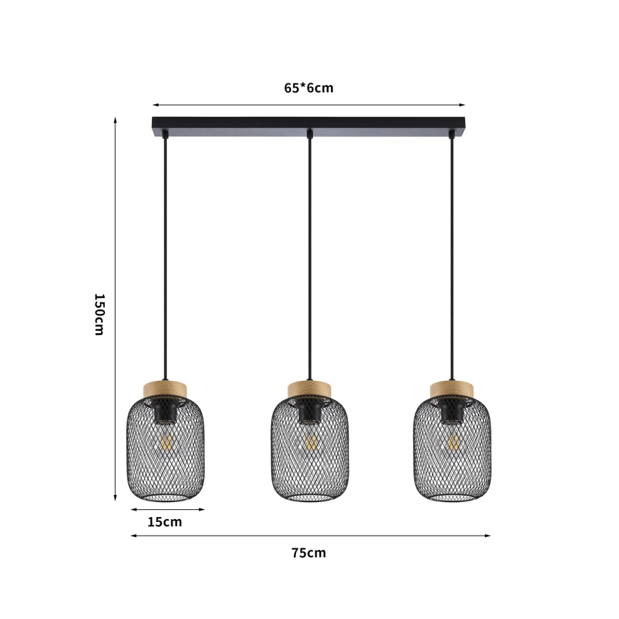 Brilagi - Candeeiro suspenso em cabo BASKLITE 3xE27/15W/230V madeira/preto
