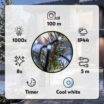 BRILAGI - Cordão de luzes de Natal LED para exterior 1000xLED/8 modos 105 m IP44 branco frio