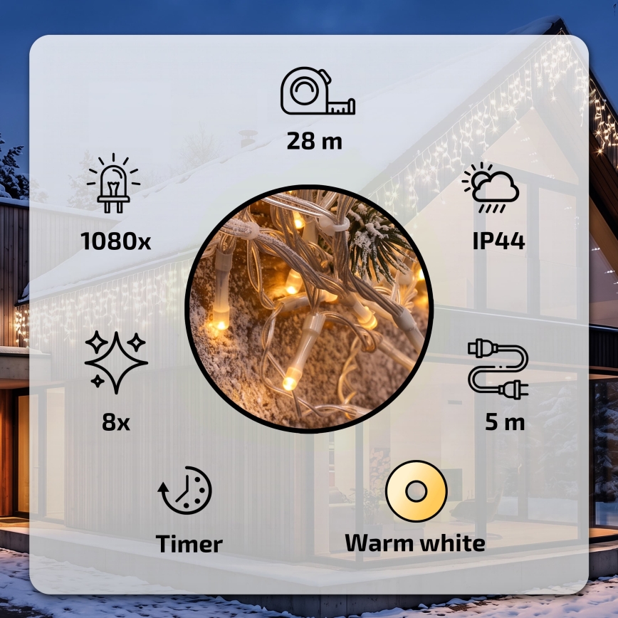 BRILAGI - LED cordão de Natal para exterior 1080xLED/8 funções 33m IP44 branco quente carámbanos