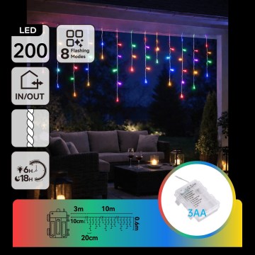 BRILAGI - Cordão de luzes de Natal LED para exterior 200xLED/3xAA/8 funções 13x0,6m IP44 multicolorido