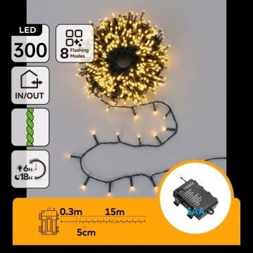 BRILAGI - Cordão de luzes de Natal LED para exterior 300xLED/3xAA/8 funções 15,3m IP44 branco quente