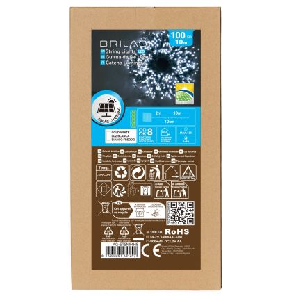 BRILAGI - Guirlanda de Natal solar LED 100xLED/8 funções 12m 800 mAh IP65 branco frio