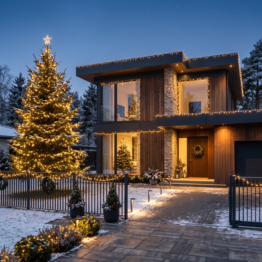 BRILAGI - Cordão de Natal LED para exterior 1000xLED/8 funções, 105 m, IP44, branco quente