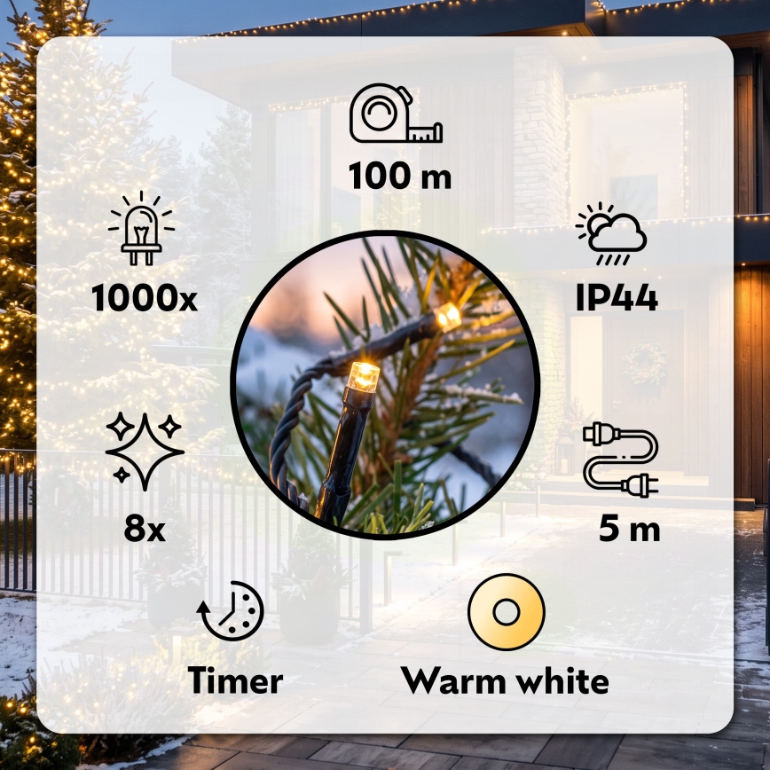 BRILAGI - Cordão de Natal LED para exterior 1000xLED/8 funções, 105 m, IP44, branco quente