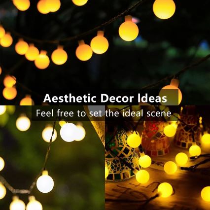 Brilagi - Guirlanda decorativa solar LED BUBBLE, 50 LEDs, 8 modos, 7 m, IP65, branco quente, 600 mAh