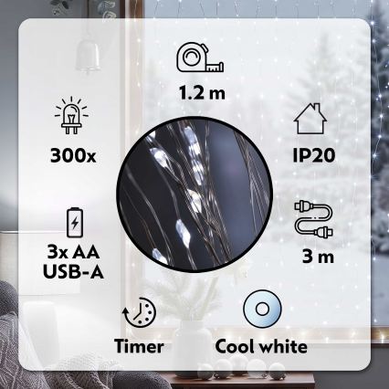 BRILAGI - Cortina de Natal LED 300xLED/8 funções/3xAA/USB 1,2m branco frio