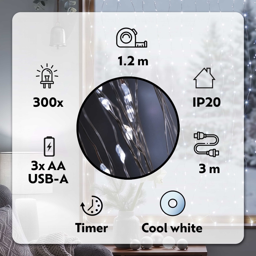 BRILAGI - Cortina de Natal LED 300xLED/8 funções/3xAA/USB 1,2m branco frio