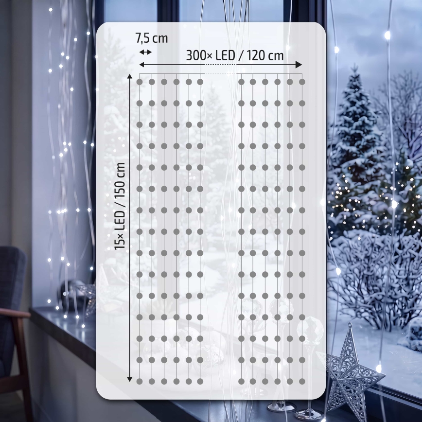 BRILAGI - Cortina de Natal LED 300xLED/8 funções/3xAA/USB 1,2m branco frio