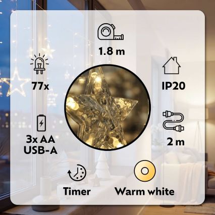 BRILAGI - Cortina de Natal LED 77xLED/3xAA/USB 1,8m branco quente