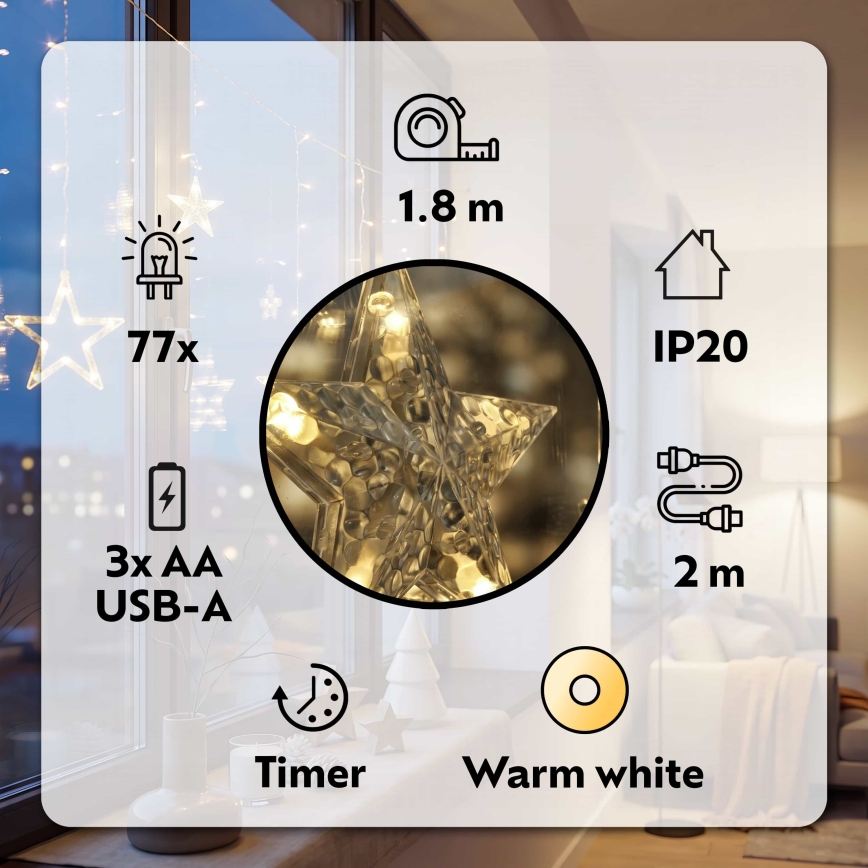 BRILAGI - Cortina de Natal LED 77xLED/3xAA/USB 1,8m branco quente