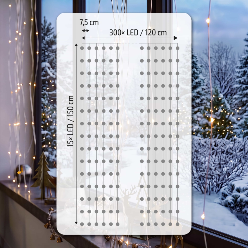 BRILAGI - Cortina LED de Natal 300 LEDs/8 funções/3×AA/USB 1,2 m branco quente