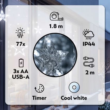 BRILAGI - Cortina de Natal LED para exterior 77xLED/3xAA/USB 1,8m IP44 branco frio