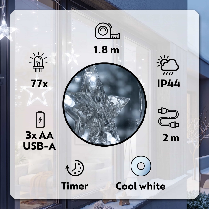 BRILAGI - Cortina de Natal LED para exterior 77xLED/3xAA/USB 1,8m IP44 branco frio