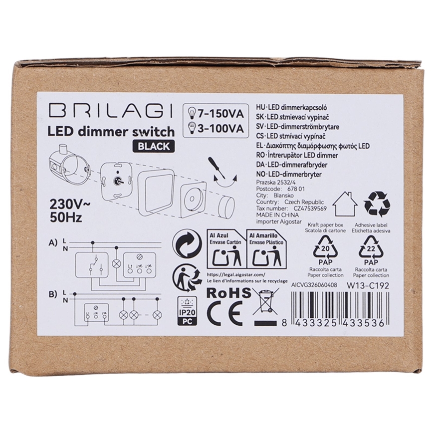 BRILAGI - Dimmer rotativo com moldura 110W/230V preto