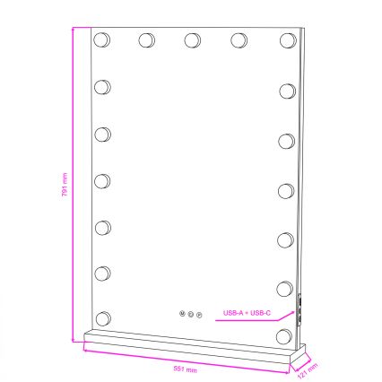 BRILAGI - Espelho de maquilhagem LED regulável HOLLYWOOD LED/15W/230V CCT + 2x USB 55x77 cm preto