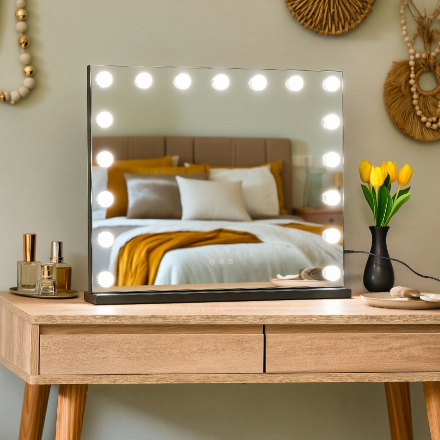 BRILAGI - Espelho de maquilhagem LED dimerizável HOLLYWOOD LED/15W/230V CCT + 2x USB 60x50 cm preto
