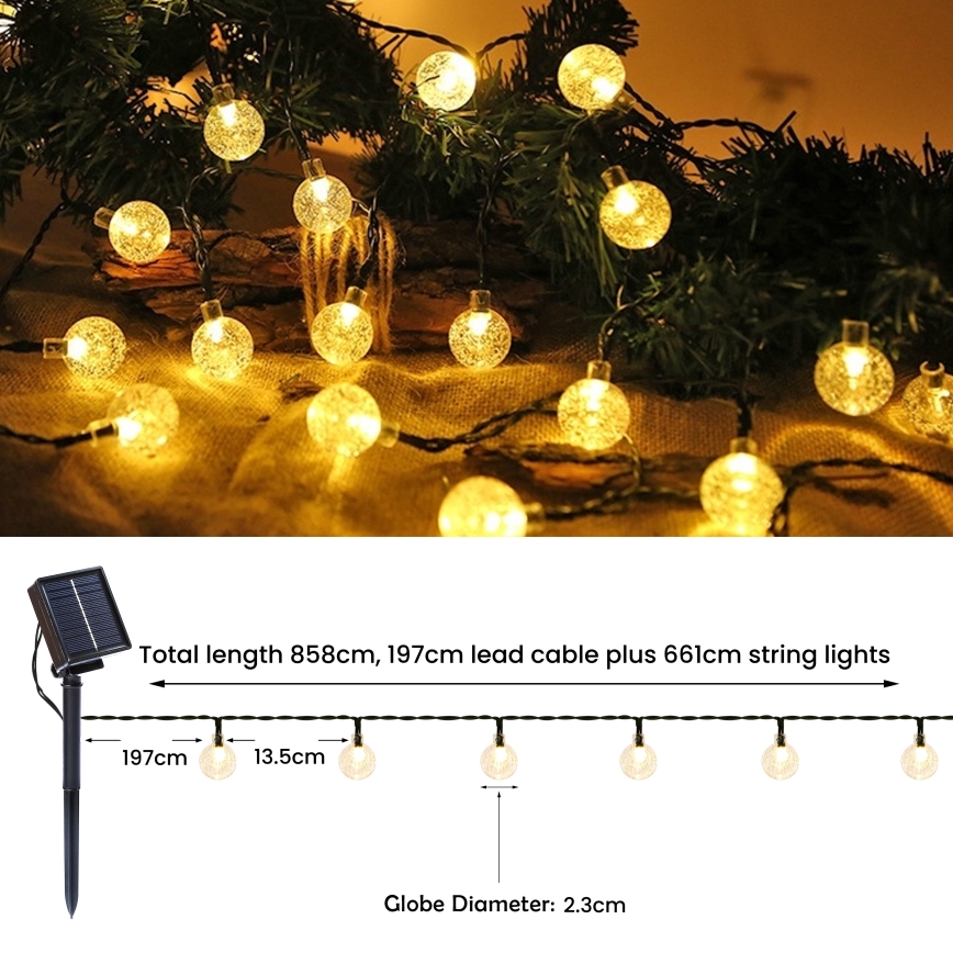 Brilagi - Cordão decorativo solar LED BUBBLE, 50 LEDs, 8 funções, 7 m, IP65, branco quente, 600 mAh