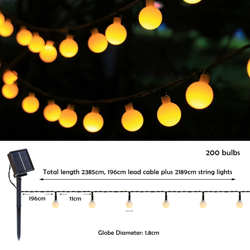 Brilagi - Guirlanda solar decorativa LED BUBBLE, 200 LEDs / 8 funções, 20 m, IP65, branco quente, 800 mAh