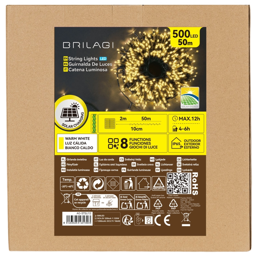 BRILAGI - Cordão de Natal solar LED 500xLED/8 funções 52m 1200 mAh IP65 branco quente