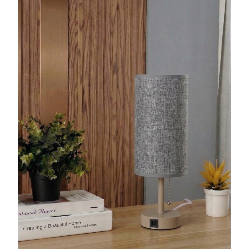 Brilagi - Lâmpada de mesa com porta USB TABLON 1xE27/25W/230V bege/cinzenta