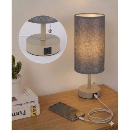 Brilagi - Lâmpada de mesa com porta USB TABLON 1xE27/25W/230V bege/cinzenta