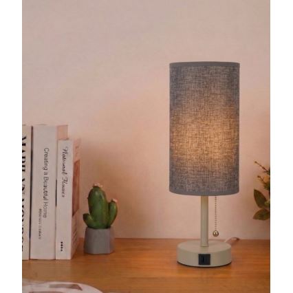 Brilagi - Lâmpada de mesa com porta USB TABLON 1xE27/25W/230V bege/cinzenta