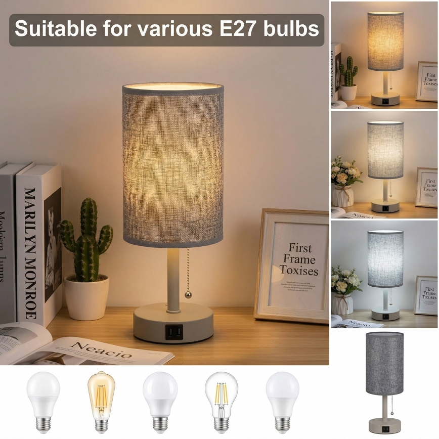 Brilagi - Lâmpada de mesa com porta USB TABLON 1xE27/25W/230V bege/cinzenta