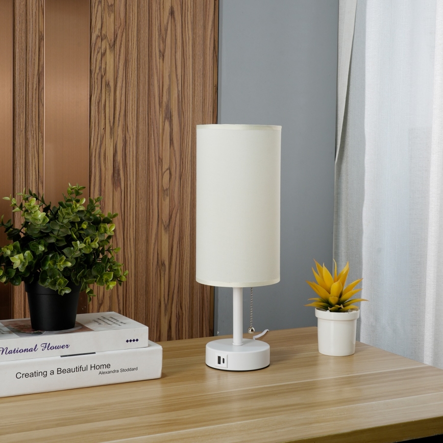 Brilagi - Lâmpada de mesa TABLON com porta USB 1xE27/25W/230V branco/creme