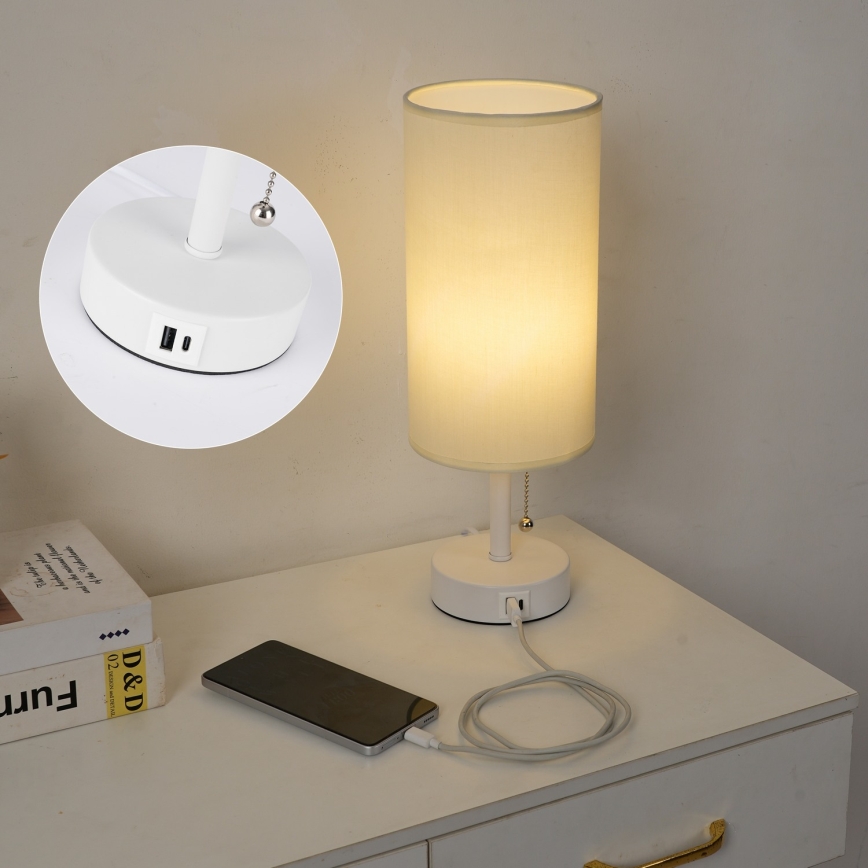 Brilagi - Lâmpada de mesa TABLON com porta USB 1xE27/25W/230V branco/creme