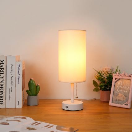 Brilagi - Lâmpada de mesa TABLON com porta USB 1xE27/25W/230V branco/creme