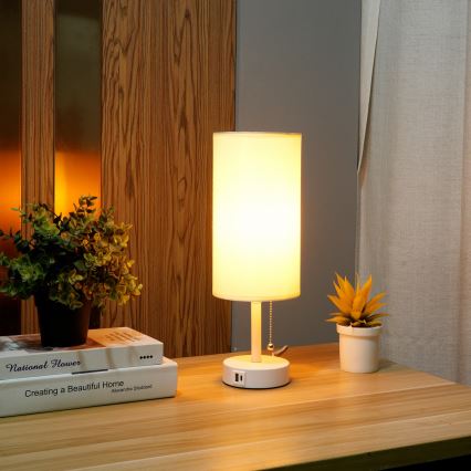 Brilagi - Lâmpada de mesa TABLON com porta USB 1xE27/25W/230V branco/creme