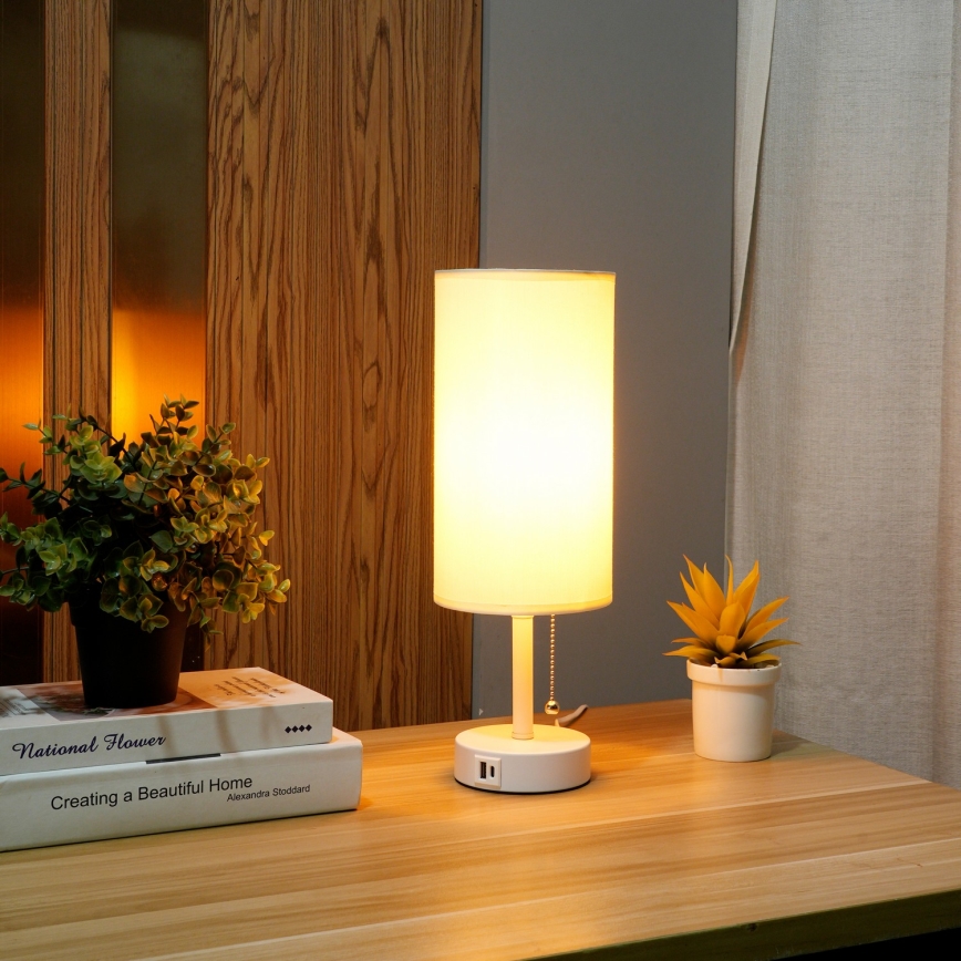 Brilagi - Lâmpada de mesa TABLON com porta USB 1xE27/25W/230V branco/creme