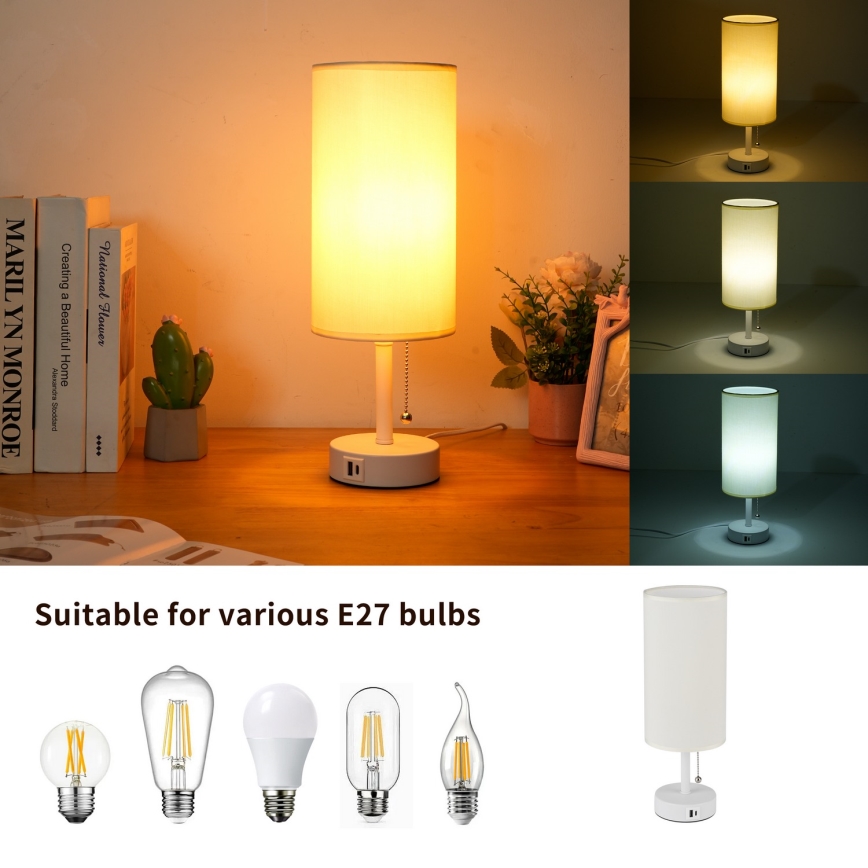 Brilagi - Lâmpada de mesa TABLON com porta USB 1xE27/25W/230V branco/creme