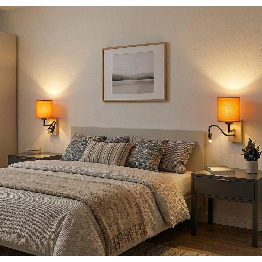 Brilagi - Aplique de parede LED flexível NUBILA WOOD 1xE27/25W/230V + LED/3W carvalho/preto/laranja