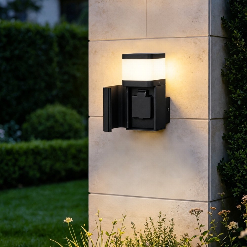 BRILAGI - Luminária de parede para exterior com tomada SCHUKO PILLAR 1xG9/11W/230V IP44 preta