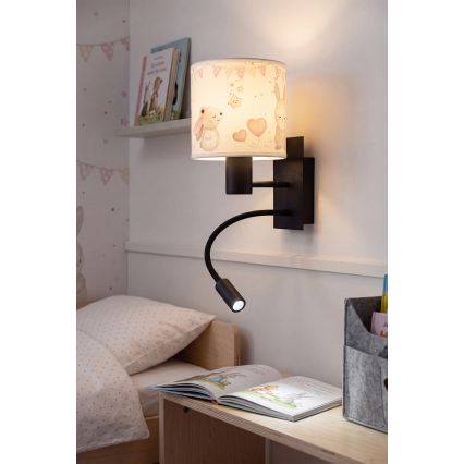 Brilagi - Lâmpada de parede infantil flexível LED BOBO 1xE27/25W/230V + LED/3W preta/creme/coelhinhos