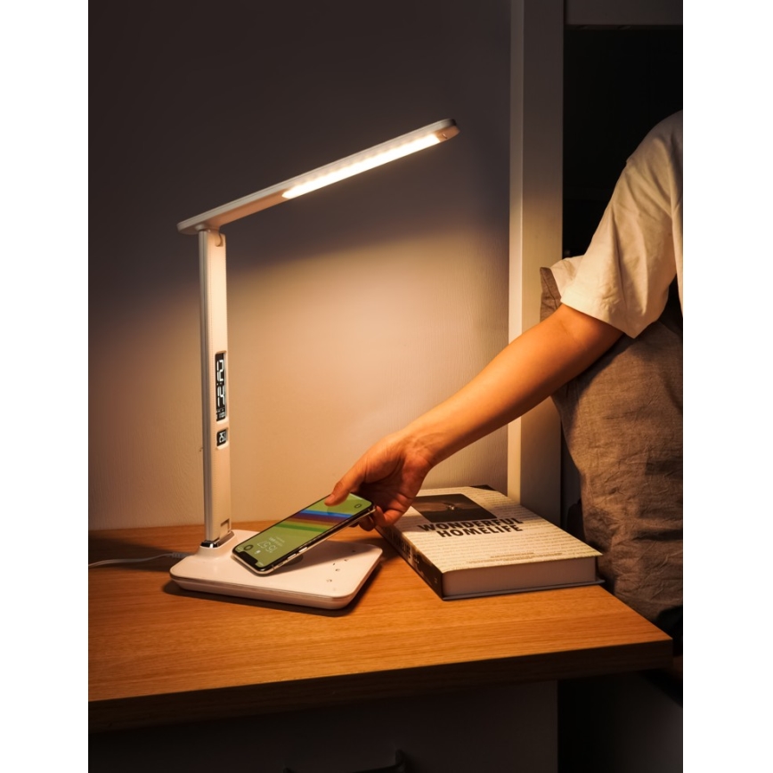 Brilagi - Candeeiro de secretária LED regulável com carregamento sem fios QI e USB REGINA LED/8,5W/230V branco