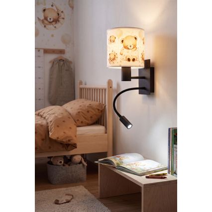 BRILAGI - Candeeiro de parede flexível infantil LED BOBO 1xE27/25W/230V + LED/3W preto/branco/ursinhos