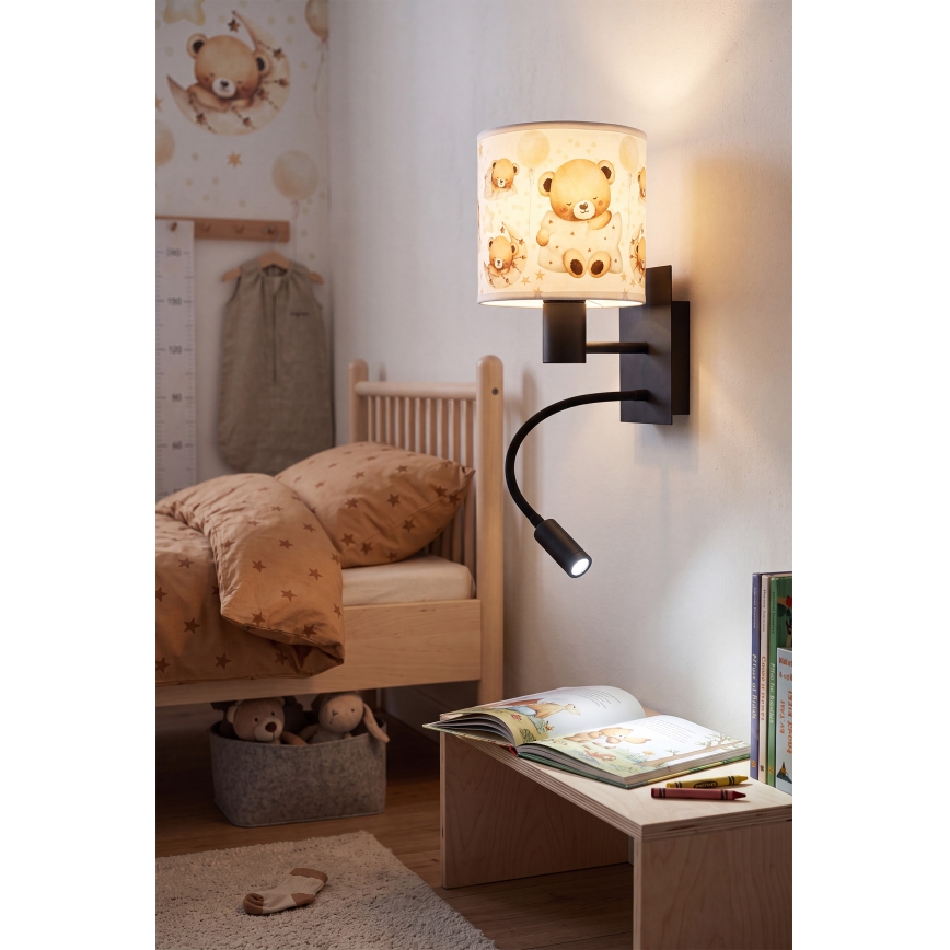 BRILAGI - Candeeiro de parede flexível infantil LED BOBO 1xE27/25W/230V + LED/3W preto/branco/ursinhos