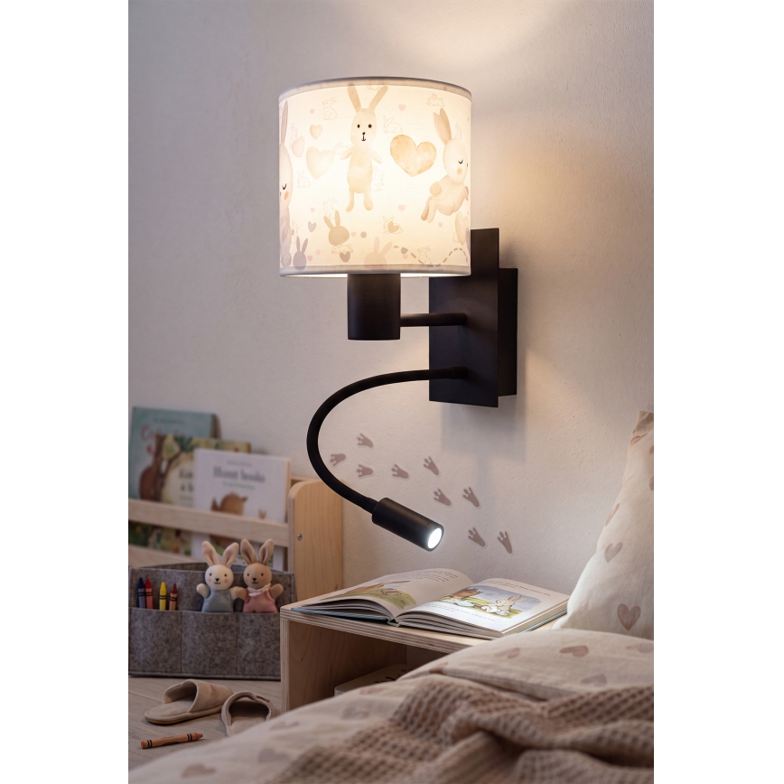 Brilagi - Candeeiro de parede infantil LED flexível BOBO 1xE27/25W/230V + LED/3W preto/branco/coelhinhos