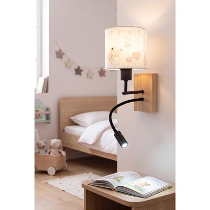 BRILAGI - Aplique de parede infantil flexível LED BOBO WOOD 1xE27/25W/230V + LED/3W carvalho/preto/creme/coelhinhos