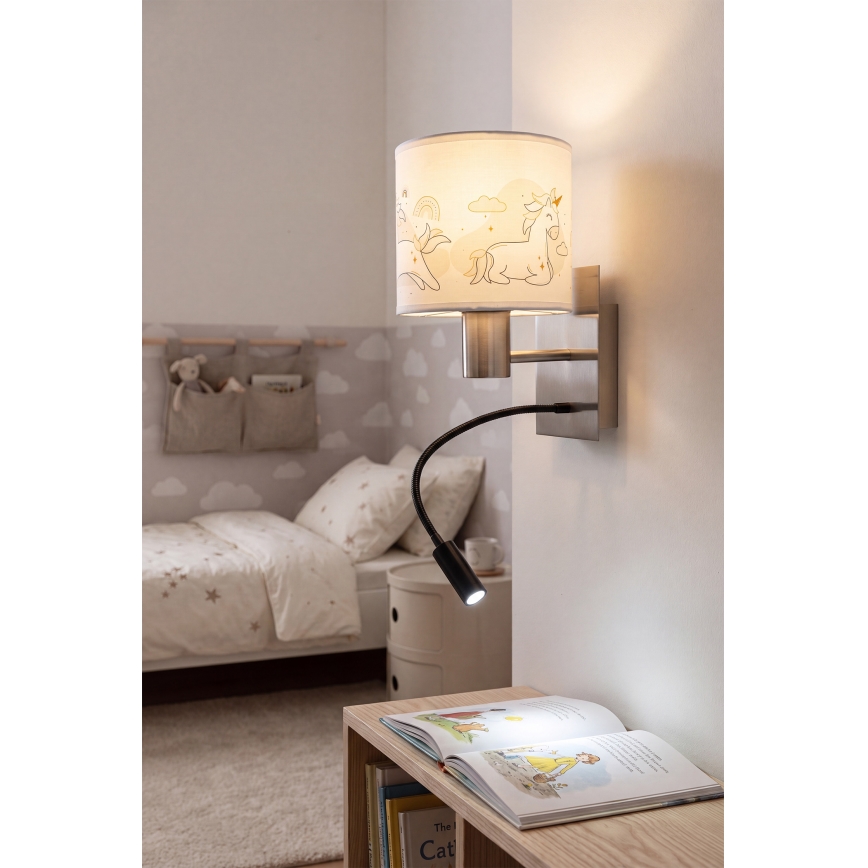 Brilagi - Luminária de parede infantil flexível BOBO com LED 1xE27/25W/230V + LED/3W cromado fosco/branco/unicórnios