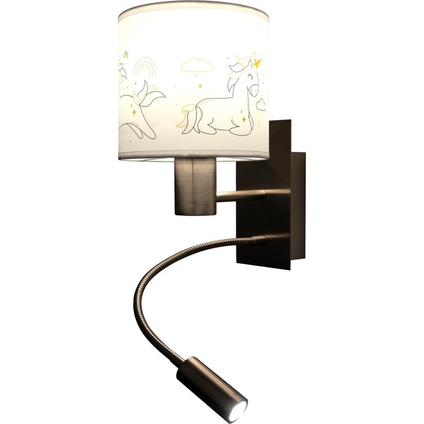 Brilagi - Luminária de parede infantil flexível BOBO com LED 1xE27/25W/230V + LED/3W cromado fosco/branco/unicórnios