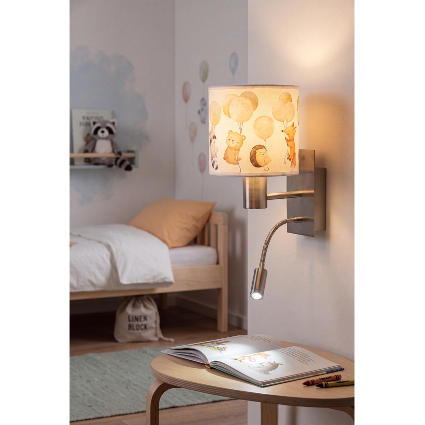 Brilagi - Lâmpada de parede LED infantil flexível BOBO 1xE27/25W/230V + LED/3W cromo mate/branco/animais