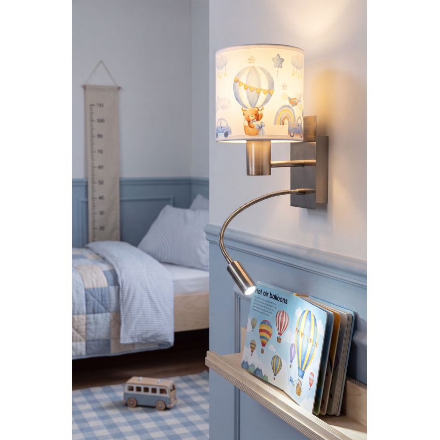 Brilagi - Luminária de parede infantil LED flexível BOBO 1xE27/25W/230V + LED/3W cromo mate/branco/azul/ursinhos