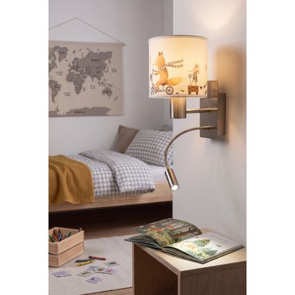Brilagi - Lâmpada infantil de parede flexível LED BOBO 1xE27/25W/230V + LED/3W cromo fosco/branco/com estampas de animais