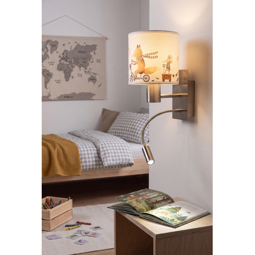 Brilagi - Lâmpada infantil de parede flexível LED BOBO 1xE27/25W/230V + LED/3W cromo fosco/branco/com estampas de animais