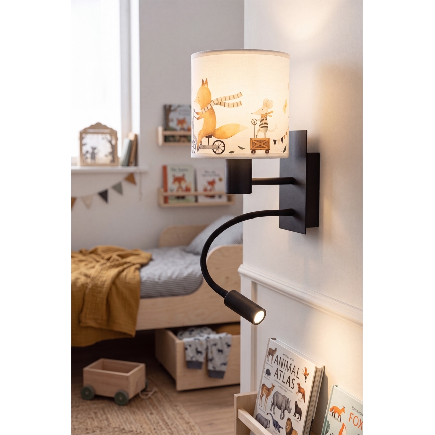 Brilagi - Lâmpada de Parede Flexível LED Infantil BOBO 1xE27/25W/230V + LED/3W preta/branca/com motivos de animais
