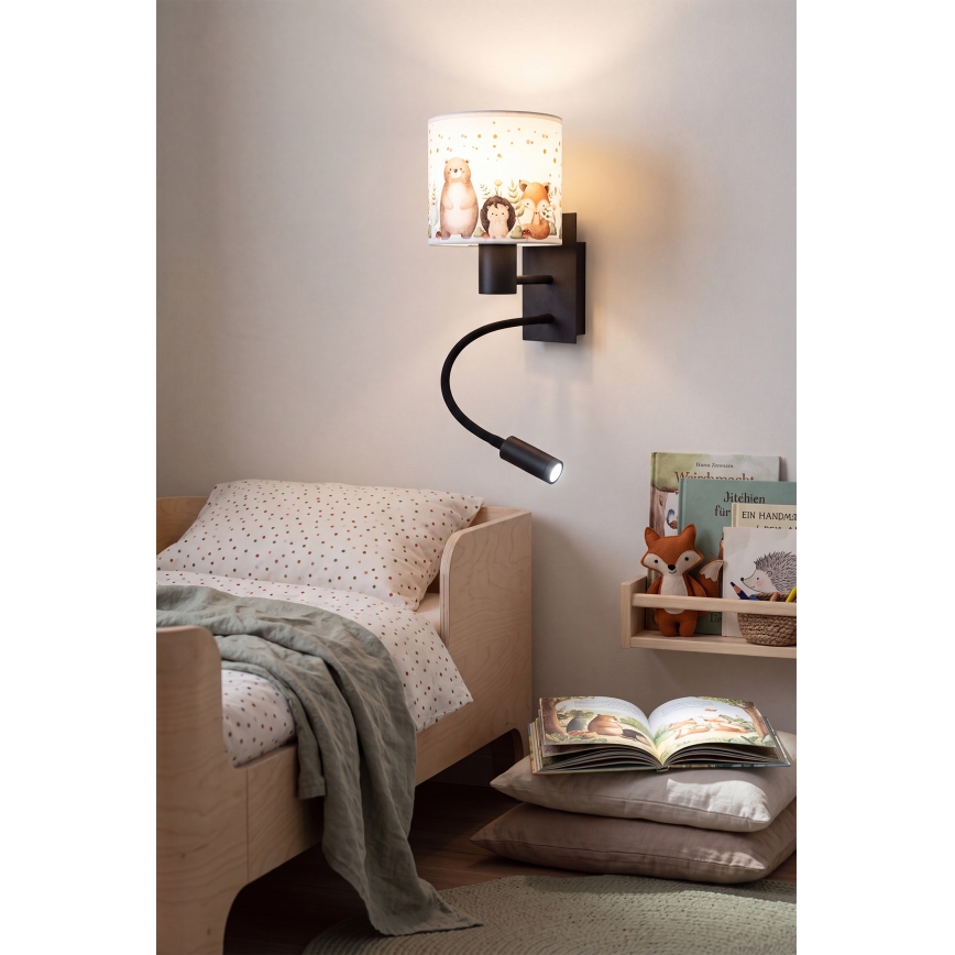 Brilagi - Lâmpada de parede infantil flexível LED BOBO 1xE27/25W/230V + LED/3W preto/branco/com motivos de animais