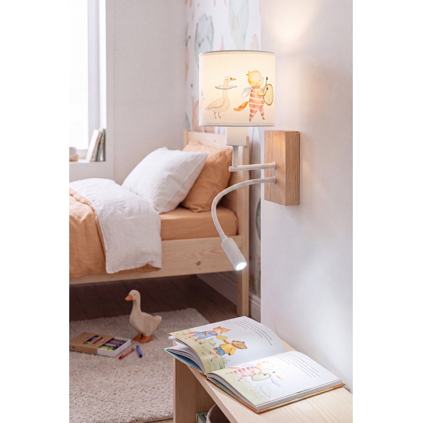 Brilagi - Lâmpada de parede LED flexível infantil BOBO WOOD 1xE27/25W/230V + LED/3W carvalho/branco/com motivos de animais